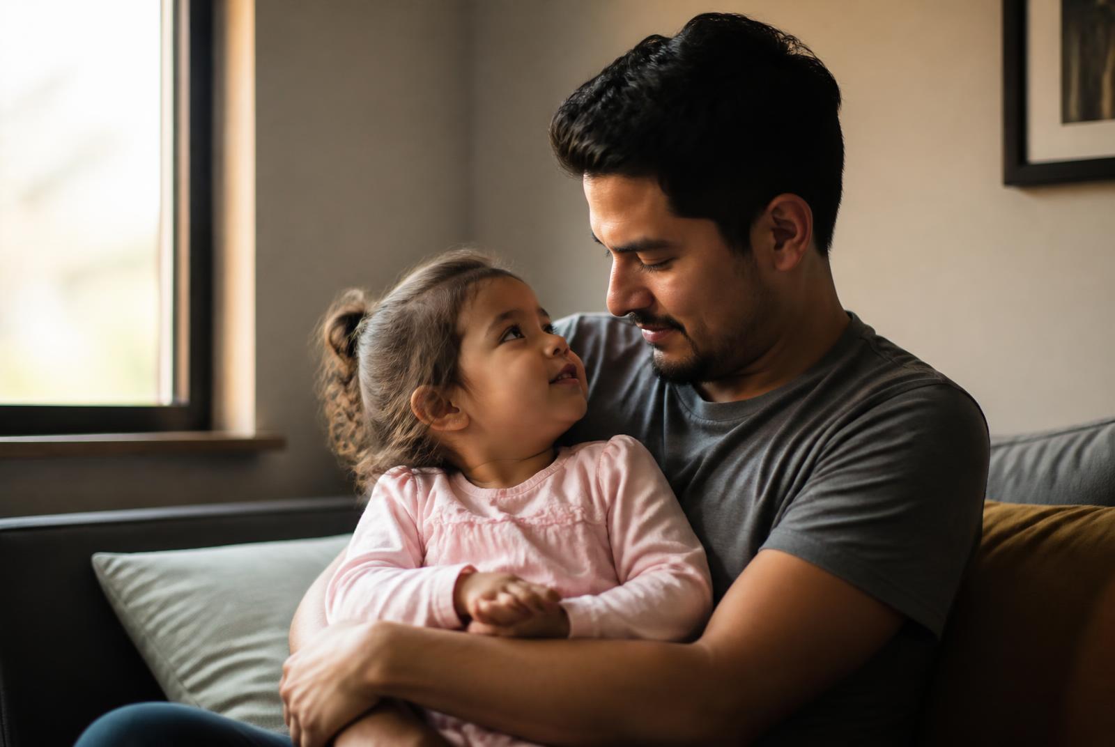 Papá abrazando a su hija junto a la ventana