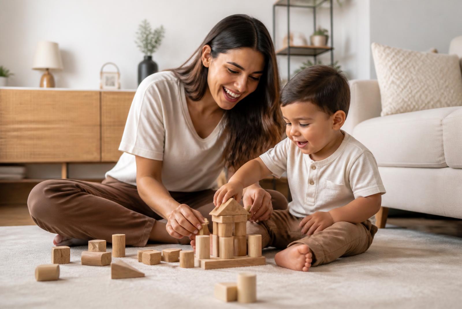 Mamá y su hijo pequeño jugando con bloques en el piso de la sala