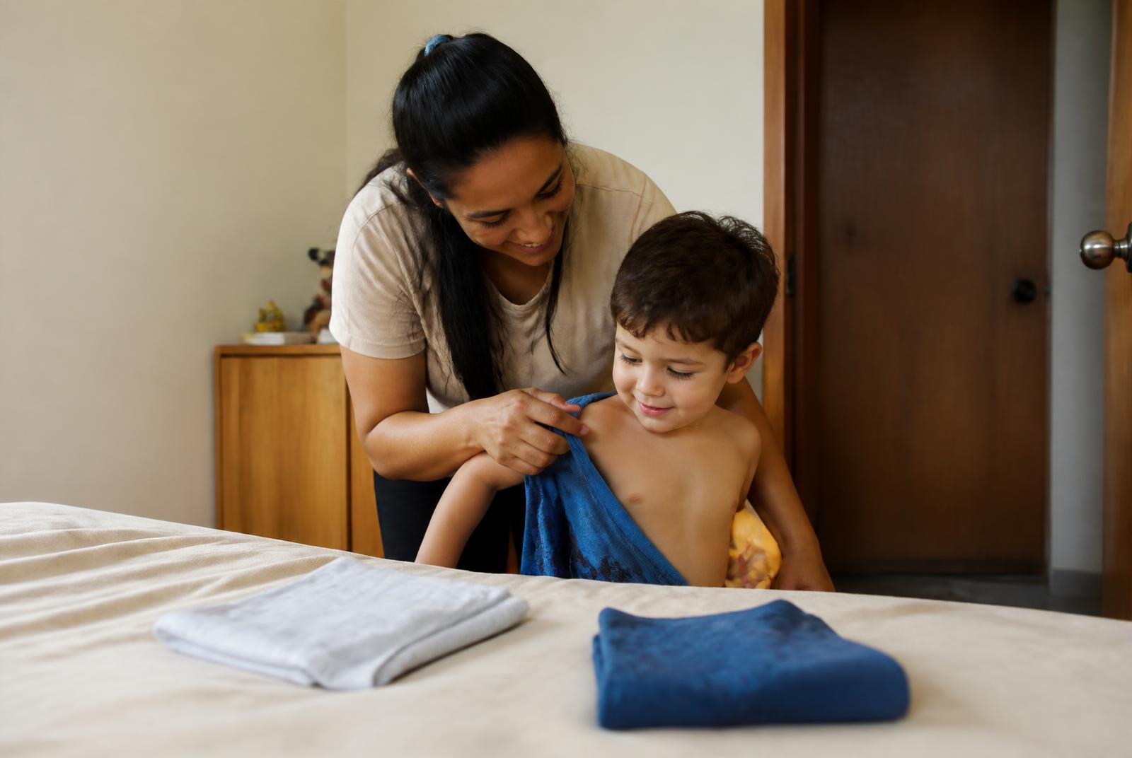 Mamá ayudando a su hijo pequeño a vestirse